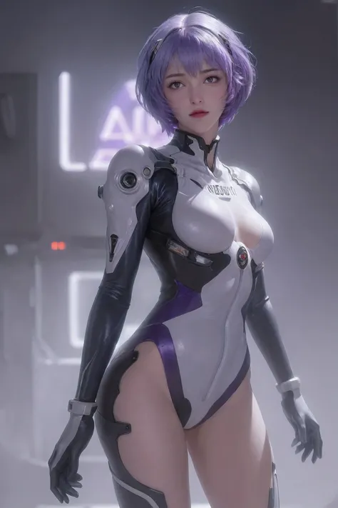 cowboy shot,rei ayanami,adult version,20 years old,evangelion body suit,dark,purple hair,beautiful detailed eyes,beautiful detailed lips,extremely detailed eyes and face,long eyelashes,serious expression,futuristic city backdrop,neon lights,blue and purple...