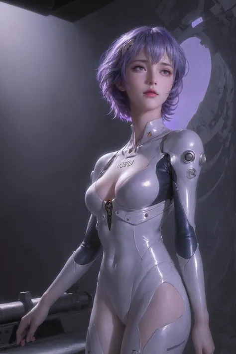 cowboy shot,rei ayanami,adult version,20 years old,evangelion body suit,dark,purple hair,beautiful detailed eyes,beautiful detailed lips,extremely detailed eyes and face,long eyelashes,serious expression,futuristic city backdrop,neon lights,blue and purple...