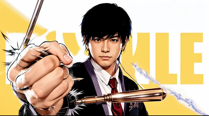 anime character holding a magic wand in his hand, Mashle: Magic and Muscles, manga art style Hajime Kōmoto, wearing a magic school robe