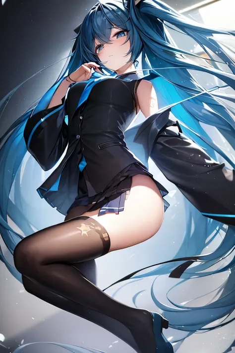 hatsunemiku, miku hatsune, ahoge, aqua eyes, aqua hair, crossed bangs, hair between eyes, hair ornament, headphones, long hair, twintails, BREAK aqua necktie, black footwear, black skirt, black sleeves, boots, collared shirt, detached sleeves, grey shirt, ...