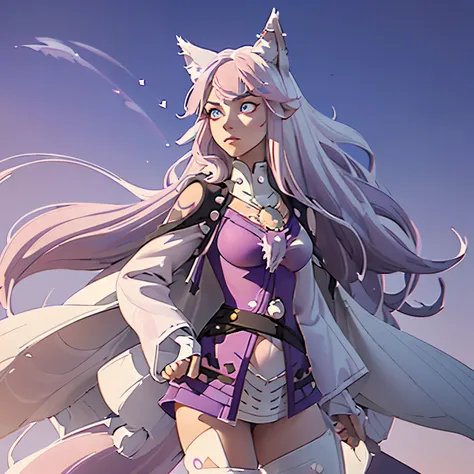 1 girl, fox ears, fox tail, (one tail), ((White tail above the pink tail)) 
(((white hair and pink hair down))), white skin, beautiful face, moon fox, (((blue eyes with purple streaks))) , long hair, medium to large , (((white short tunic))), ((( tattoo on...