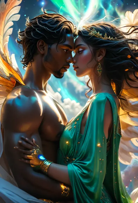 Four (((dark-skinned))) people in a celestial landscape, chaos, two (((tan skinned))) couples, two young dark-skinned couples in their 20s, for both couples the men are both in love with the two women but not them, the first (((tan skinned))) couple is a d...