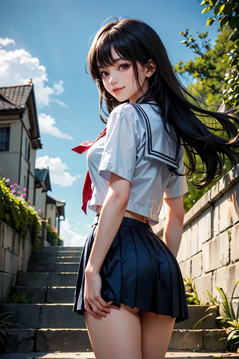 very cute and beautiful girl,(highly detailed beautiful face),
(smile:1.2),sailor school uniform,pleated navy blue mini skirt,
(looking back,from behind),leaning forward,from below,white panties,
flower garden,stone stairs,shrubbery,detailed landscape,
bla...