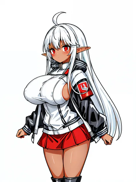 (tanned elf girl), (huge tits:1.2), (white background:1.5), (black jacket red miniskirt:1.3). (arms behind back:1.0)