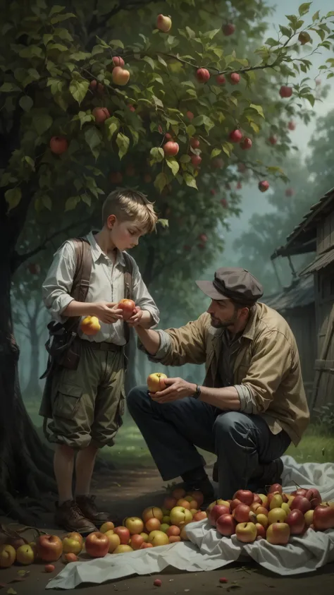 a man and a boy picking apples from a tree, by Vladimir Novak, award-winning, wlop and andrei riabovitchev, by László Balogh, by Igor Kieryluk, by Grzegorz Rutkowski, by Alexander Kucharsky, by Mikhail Lebedev