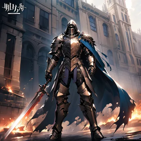 anime character with sword in front of a building, fallen cavaleiro, from arcavaleiros, gothic cavaleiro, evil cavaleiro, o estilo do wlop, fantasy cavaleiro, cavaleiro, imperador real, dark souls cavaleiro, armadura banhada em branco, vestindo armadura pe...