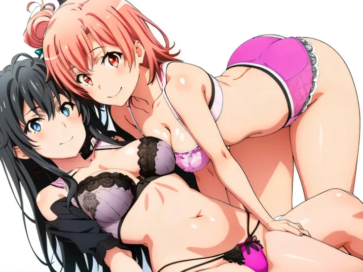 ((2 girls:1.0)), (Yuigahama Yui shapely breasts),(Yukinoshita Yukino),no background,In sexy underwear,,Ribbon on panties,2 people in pink panties,belly button,thighs,knees,calf,front,looking at camera,(high angle),open your mouth,smile,Panoramic view of th...