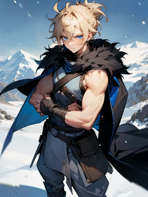 1male , Fur Cape , Combat Clothing , Sleeveless , Teen Male , Muscular , Blonde Hair Tied in a Bun , Messy Hair , Serious Expression , Blue Eyes , Wristguards , Standing on a snowy mountain , Facing Viewer 