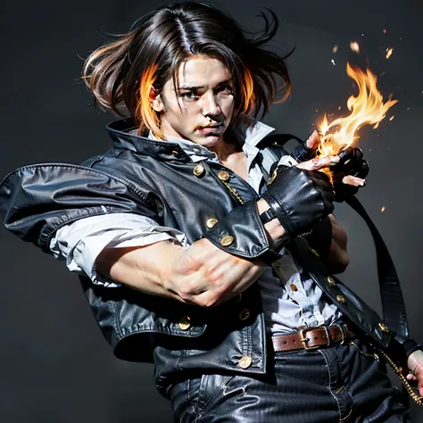 a man in a black jacket holding a fire in his hand, character from king of fighters, male character, handsome pose, realistic