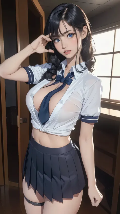 school uniform,(random place),(random sexy pose:1.8),(random hairstyle),(movie-like scene,best image quality, hyperrealistic portrait, (8k), Super realistic, 最high quality, high quality, High resolution, high qualityな質感, high detail, beautiful, Detailed, H...