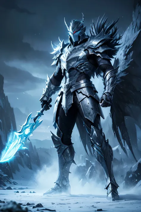 (best quality,4k,8k,highres,masterpiece:1.2),ultra-detailed,(realistic,photorealistic,photo-realistic:1.37),ice warrior,minimal red armor,red eyes,ice blue body,game monster,fierce expression,sharp weapons,icy environment,glowing crystals,large muscular bu...