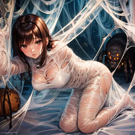 1girl,Spider weaving a net on the girl,réalism:1.2,ultra-detailed,bedroom setting,stretched pose,struggling in the net,brown haired,very long sheer skirt,oaken floor,soft sunlight,delicate spider silk,lace curtains,bedside table,decorative pillows, spider ...