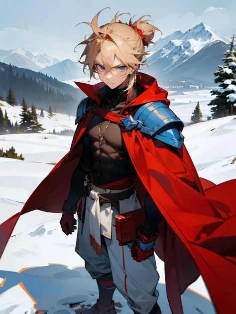 1male ,Red Fur Cape , Combat Clothing , Teen Male , Muscular , Blonde Hair Tied in a Bun , Messy Hair , Serious Expression , Blue Eyes , Wristguards , Standing on a snowy mountain , Facing Viewer 