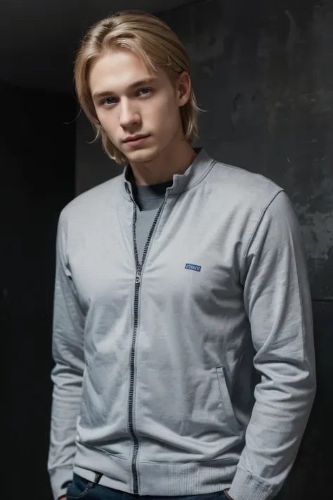 Detailed CG Unity 8K Wallpapers,masutepiece, Best Quality, Ultra-detailed), Gray background, 25-year-old man living in Europe, 25 year old male, blond hair, blue eyes, pale skin, casual clothes, masculine posture