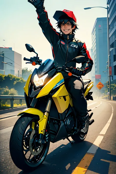 Biker man on his BAJAJ pulsar ns 200 motorcycle wearing a birthday hat waving with a smile