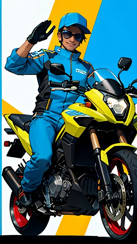 Biker man on his BAJAJ pulsar ns 200 motorcycle wearing a birthday cap waving with a smile in a blue uniform 