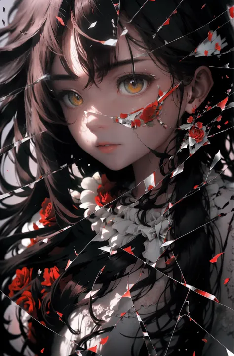 (best quality,ultra-detailed),(photorealistic:1.37),red eyes,detailed face,girl alone,deep emotions,red rose,bloody tears,vivid ...