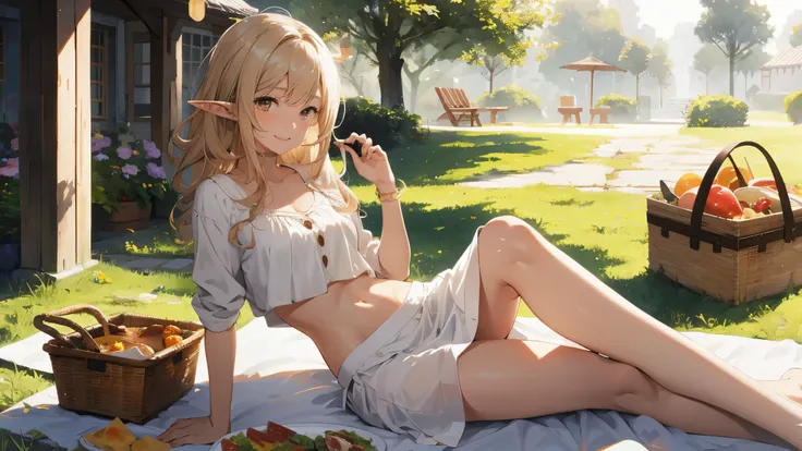 (masterpiece:1.5, best quality:1.5, painting:0.5, grayscale:0.7, absurdres:0.95), 1girl, midriff, navel, curly blonde hair, messy hair, brown eyes, elf, (casual white dress), (suntanned), alluring, legs crossed, sitting on a blanket, picnic, park, trees, f...