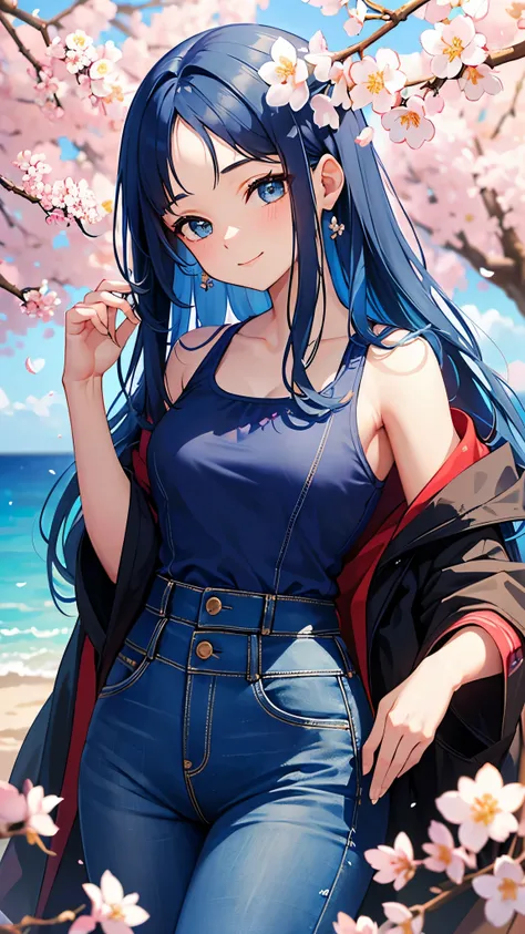 perfect anatomy, masterpiece:1.2, best quality, 8k, beautiful detailed grow, daydreaming expression, from-front (head tilt) (solo forehead:0.3 blue hair long hair lovely girl, 14 yo, love smile), in a blue spring suit, denim pants, in the open many cherry ...