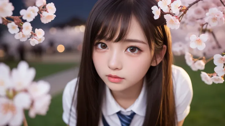 (1 girl), very cute face, (highly detailed eyes, highly detailed face), Fresh, very beautiful appearance, (surreal, High resolution), (highest quality:1.4), professional photography, (high school uniform, pleated mini skirt:1.2), (Cherry blossoms at night,...