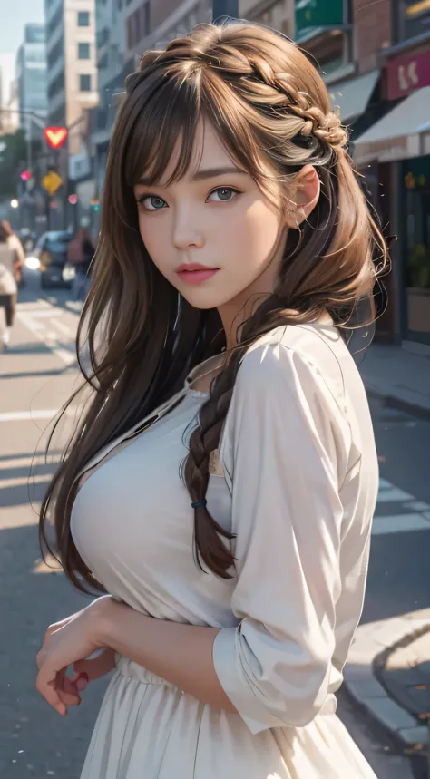 In the heart of the bustling city street, a best quality, high-resolution image captures the essence of a womans beauty. With a photorealistic and strikingly realistic rendering, every detail of her appearance is brought to life. The womans medium-sized br...