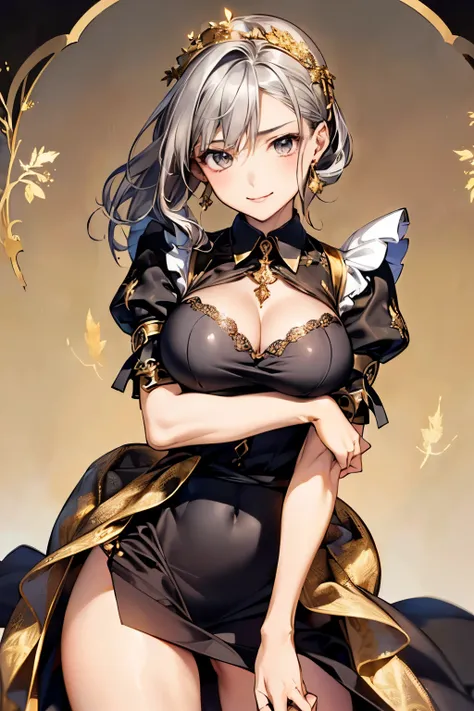 ((highest quality、8k、masterpiece:1.3)), (medium hair, beautiful hairstyle, ash silver hair:1.5)、(cute gold leaf pattern,  Delicate finish, Black fabric:1.4, maid dress:1.5), (gothic style), clear, fine-textured skin、beautiful clear eyes、cleavage、Carefree a...