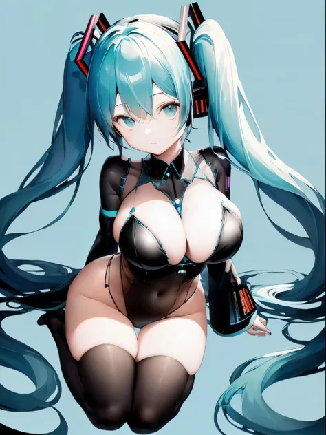 (One lady)、(​masterpiece)、(best qualtiy)、(ultra-detailliert)、(a high chroma)、(CG Illustration)、highcontrast、((low angles))、VOCALOID、((miku hatsune))、(Fine and beautiful eyes)、Delicate beautiful face、((dishevled hair))、(( The whole body was wrapped in a plu...