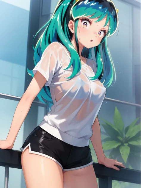 Lum invadeer, big , wet, sweat, Best Quality, Ultra High Definition, Max Resolution, Ultra Detail, Anime, Bottom, A Girl, Very Cute, Medium Hair, Black Hair, Hair Ribbon, Hairpin, Colored Eyes, Short Shorts, Big Ass, Nipples