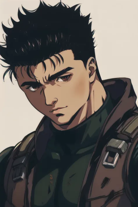 portrait, 1man, male, tan skin, guts(berserk), black hair, brown eyes, messy hair, black futuristic bodysuit, brown baggy military jacket, metal background