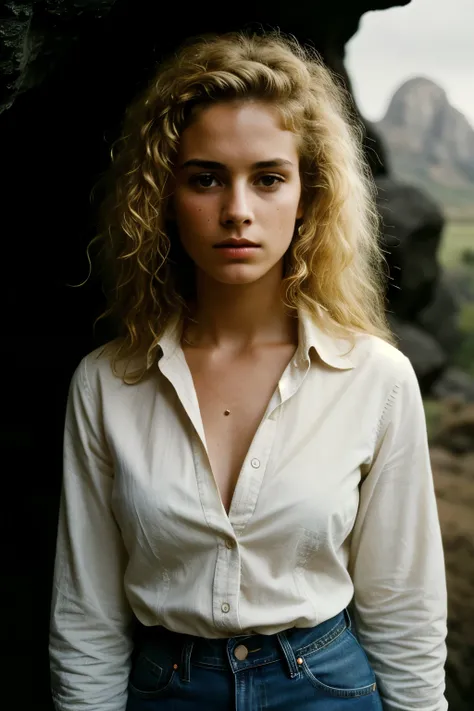 photograph of a woman, (troubled facial expression), textured skin, goosebumps, blonde afro hair, unbuttoned dress shirt with distressed boyfriend jeans, cowboy shot, dark and mysterious cave with unique rock formations and hidden wonders, perfect eyes, (c...