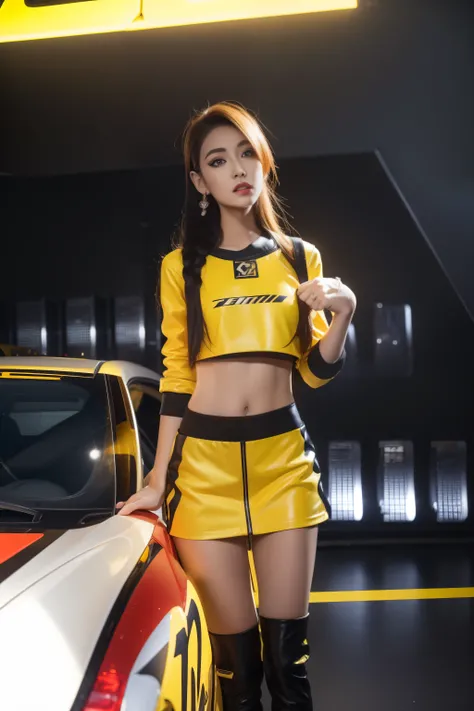 araffe posing in a yellow outfit next to a car, wearing honey - themed miniskirt, with yellow cloths, yellow and black, wearing yellow croptop, based on bumblebee, black and yellow, cosplayer, sportcar, senna from league of legends, full body xianxia, full...