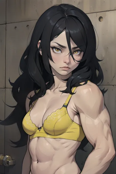 girl muscles small breasts pale skin black hair yellow eyes sad female bra