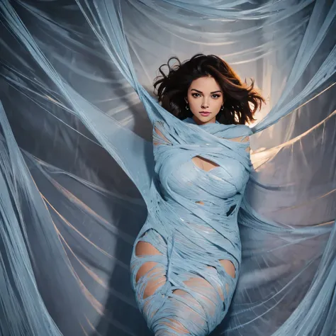 one girl tied up by another one with rope,(bright lighting,romantic setting),dreamy background,bondage,dark hair, mesmerizing gaze, , soft skin, alluring beauty, artistic portrait, high-quality image, vibrant colors, long silk gown, dressing room, (cocoon:...