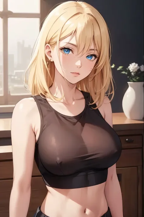 (best quality, highres), portrait, mature woman, blue eyes, long hair, swept-side bang, [[brown hair]], (blonde hair), big breast, high resolution cg 8k, beautiful cg