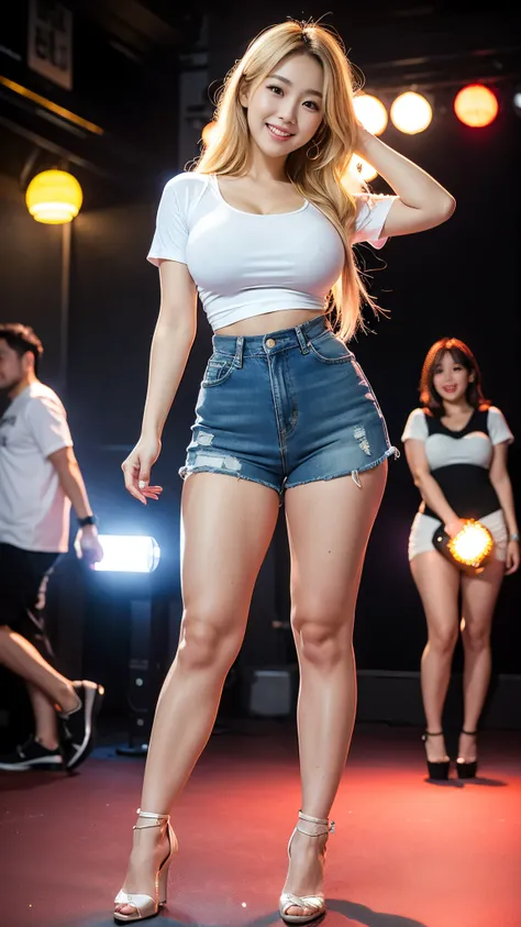 A hot korean woman, plump body, mature, natural make-up, smiling, light blonde hair, long flowy hairstyle, natural large breasts, natural gigantic breasts, natural huge breasts, casual white tight shirts with spandex u-neck short-sleeve, ripped short denim...