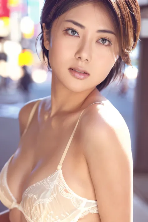 NSFW:1.5,((highest quality、8K resolution、master masterpiece、portrait:1.3)), Photoreal, 35mm film, 1 Japanese female, Upper body,Beautiful woman, on the street during the day, wrinkles around the eyes, plump body,,smile,((slutty lingerie:1.3)) , (outdoors:c...