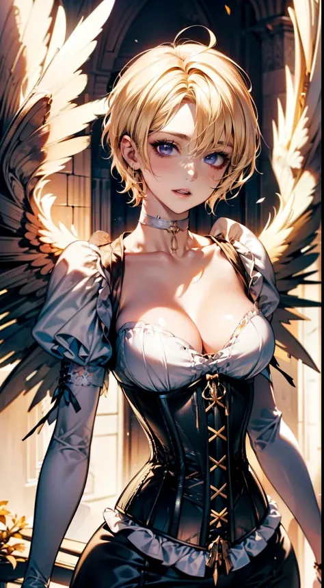 ((blonde short hair:1.8)), (shining purple eyes)beautiful, beautiful woman, perfect anatomy, perfect body, perfect breasts, ((angel with a pair of wings spread:1.8, white clothes, corset, choker:1.6)), forest:1.6, captivating gaze, slight smile, realism, m...