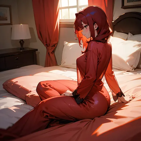 A red-haired woman is sitting on her bed, looking like she just woke up. Her short and daring pajamas are transparent, revealing her curves. The large bed is messy, and she looks incredibly beautiful.