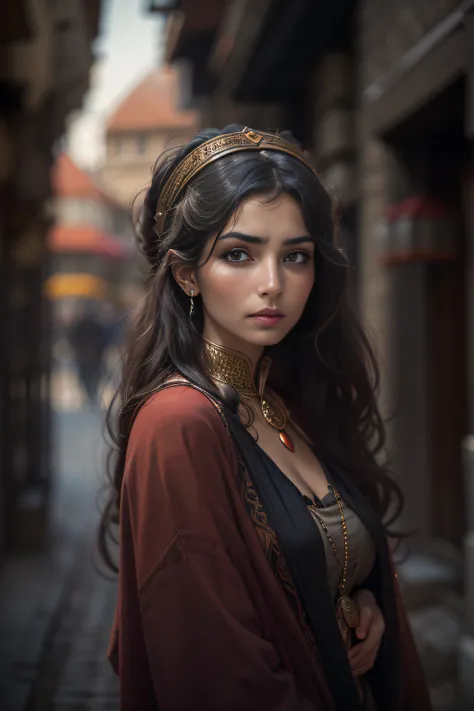 A beautiful woman,orientalisch wirkende frau,orientalisch gekleidet,Beautiful woman in the foreground,stadt weit im hintergrund,Beautiful woman looks at the camera,vor schwarzem hintergrund,blur