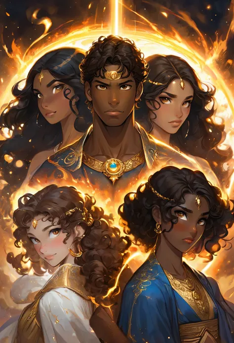 In a celestial landscape, four people dressed luxuous, differents faces, they are all darkskin, (((young, in 20s))) (((two brown skin men and two brown skin woman))), (((two young brown skin long dark hair duke:1.3))), (((one brown skin dark hair pregnant1...