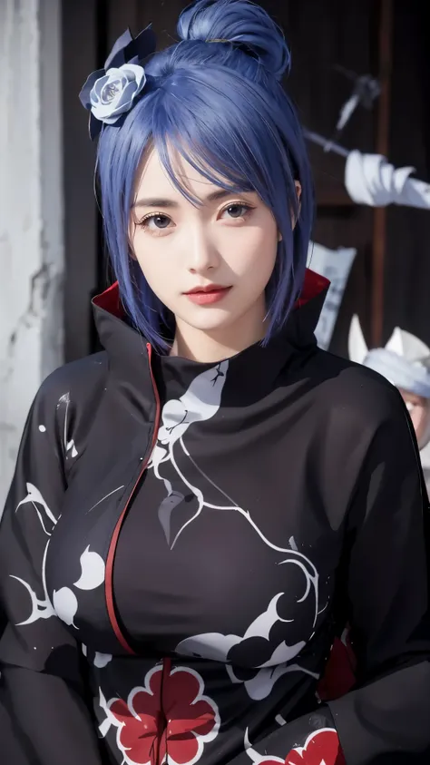 （（（akatsuki outfit，xiao clothing, ninja, black cloak,black coat, （（（danya，konan \(naruto\),konan, blue hair, orange pupils, shor...