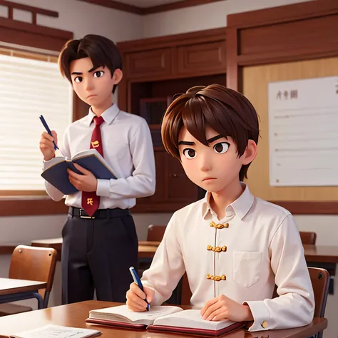 Male brown hair Chinese high school student sitting at a desk at school and writing while turning his gaze towards another person with serious face 