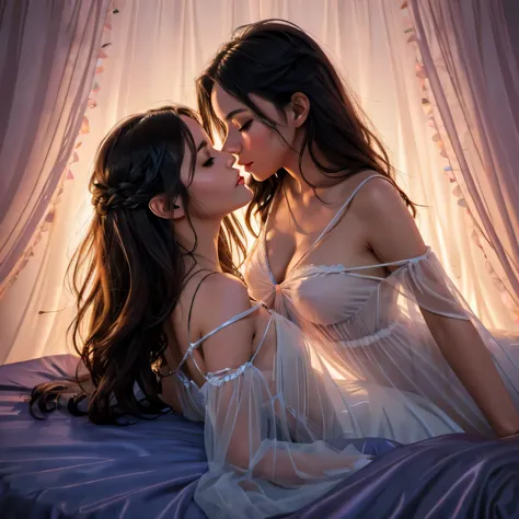 two girl kissing,,(bright lighting,romantic setting),dreamy background,,dark hair, mesmerizing gaze, , soft skin, alluring beauty, artistic portrait, high-quality image, vibrant colors,translucent long silk gown, mosquito net, lying down, romantic bedroom,...