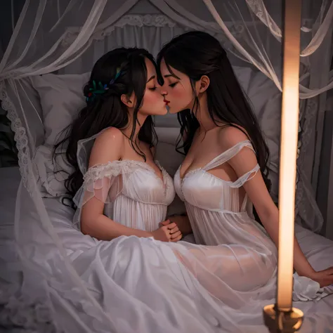 two girl kissing,,(bright lighting,romantic setting),dreamy background,,dark hair, mesmerizing gaze, , soft skin, alluring beauty, artistic portrait, high-quality image, vibrant colors,translucent long silk gown, mosquito net, lying down, romantic bedroom,...