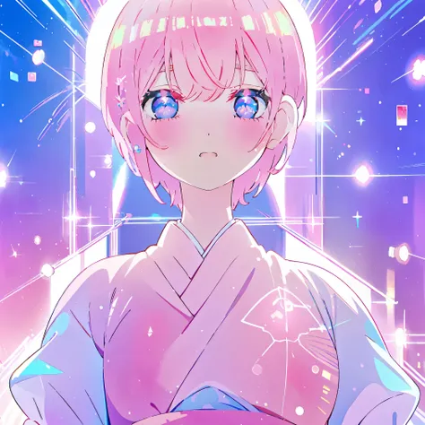 ichika nakano, short pink shiny hair, dynamic pose, soft expressive face,, sweet face, smile, iridescent, ((ballgown iridescent)...