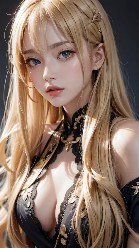 Beautiful white and shining skin、Blonde hair color that changes color depending on the light、long bangs between the eyes that obstruct vision、Highlights on the cheeks、Sexy and very beautiful lovely gorgeous face、the most beautiful face in the world、Super l...