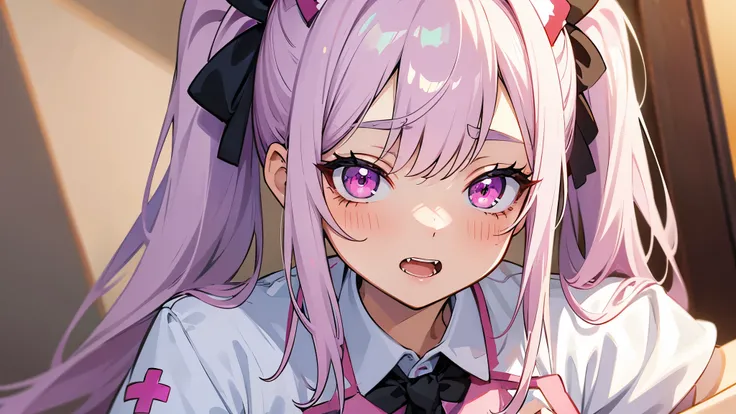 one girl, very beautiful face, beautiful eyes, detailed eyes, detailed face, detailed hair, masterpiece, anime girl, pink eyes, silver hair, , kawaii, two pony tails, very young, big , pixiv, illustration, very high quality, masterpiece, vampire teeth, fan...