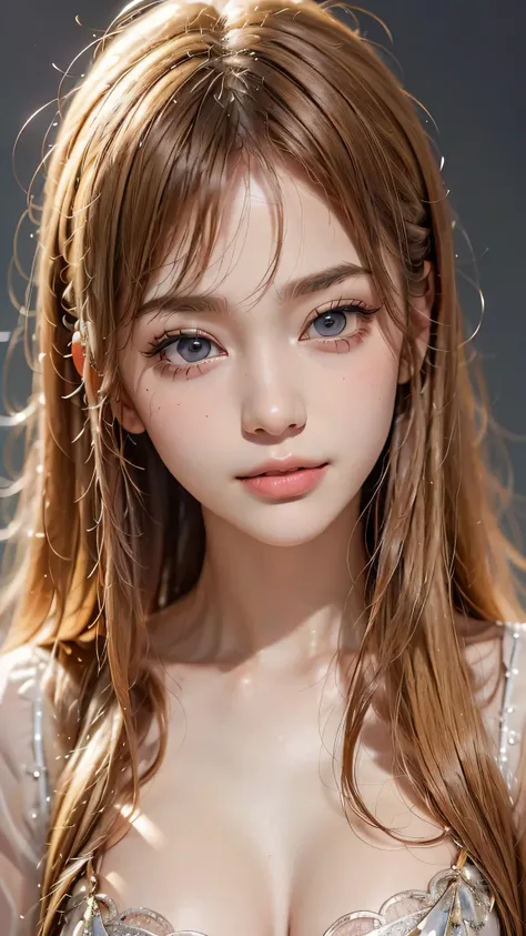 Beautiful white and shining skin、Blonde hair color that changes color depending on the light、long bangs between the eyes that obstruct vision、Highlights on the cheeks、Sexy and very beautiful lovely gorgeous face、the most beautiful face in the world、Super l...