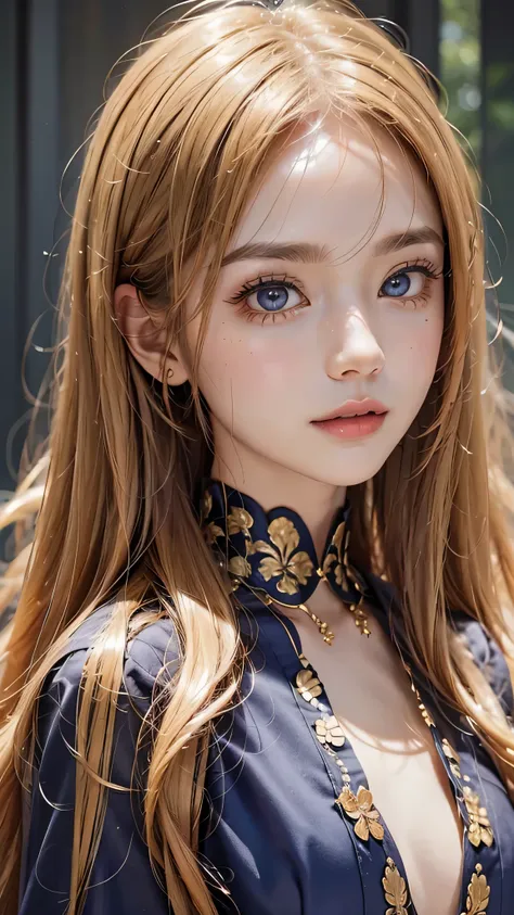 beautiful white and shining skin、blonde hair color that changes color depending on the light、long bangs between the eyes that ob...