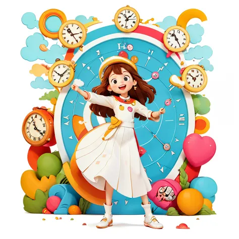 Girl with long brown hair，Wearing a white wedding suit，（Wear a long skirt），in the time tunnel，colorful，Dance（with love）happy，surrounded by clocks，（surrounded by love），O sign，vector，line art，design，inspiration，straight line，RHAD